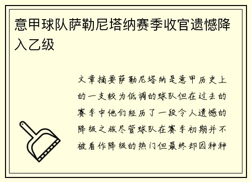 意甲球队萨勒尼塔纳赛季收官遗憾降入乙级